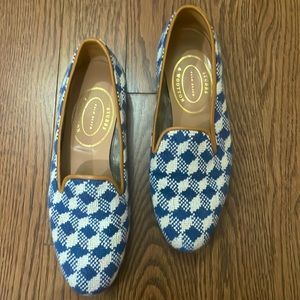 Stubbs & Wootton blue and white needlepoint loafer slippers, size 8.5